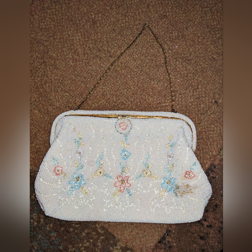 Antique Vintage Handmade Beaded Purse with Flowers made in France